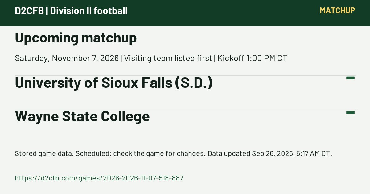 D2CFB. Upcoming matchup. Saturday, November 7, 2026 | Visiting team listed first | Kickoff 1:00 PM CT. University of Sioux Falls (S.D.): -; Wayne State College: -. Stored game data. Scheduled; check the game for changes. Data updated Sep 26, 2026, 5:17 AM CT. https://d2cfb.com/games/2026-2026-11-07-518-887